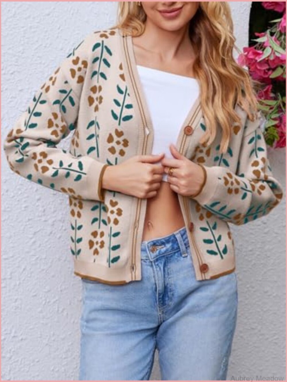 Floral Print V-Neck Cardigan Open Front Button Down Knit Sweater Long Sleeve - Picture 5 of 7